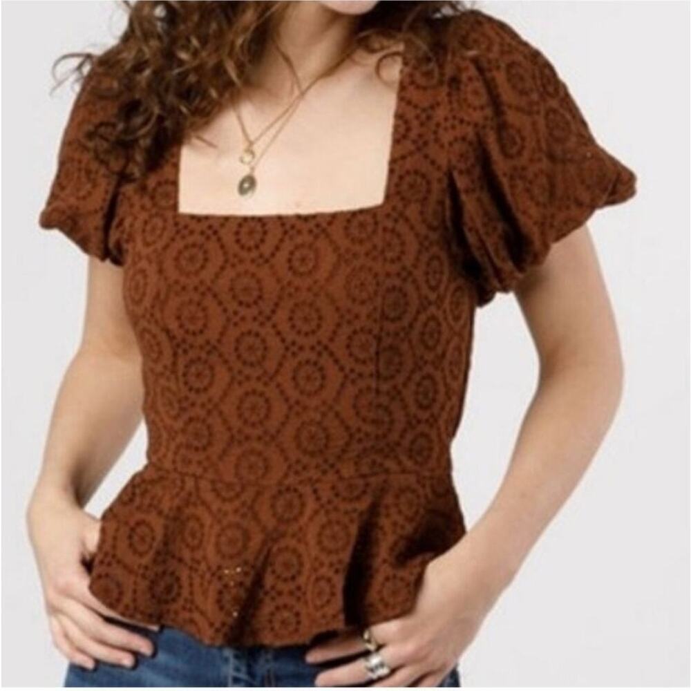 Band of the Free women's boho eyelet puffy sleeve peplum top brown Size Small